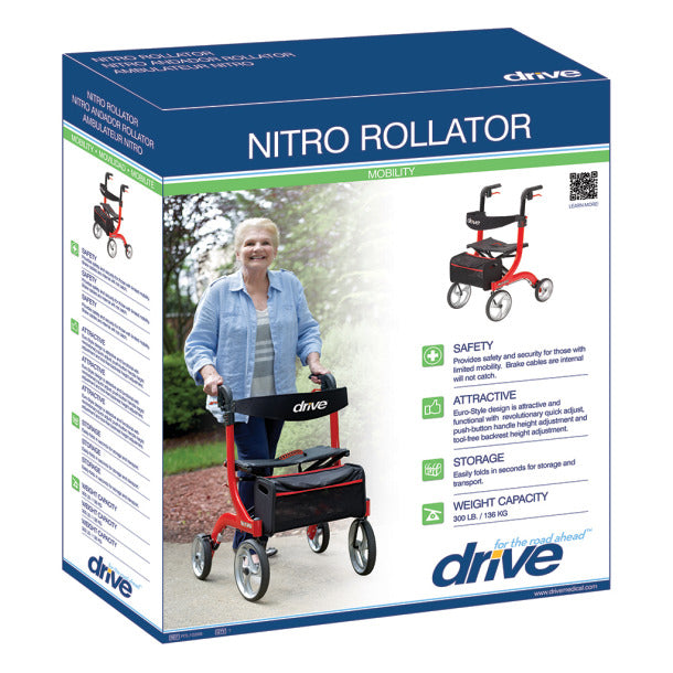 drive™ Nitro 4-Wheel Rollator, 10 in. wheel, 33-1/2 - 38-1/4 in. Handle, Red, 300 lbs., Aluminum Frame, 1/EA