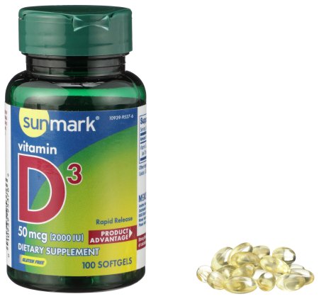 Vitamin Supplement sunmark® Vitamin D3 2000 IU Strength Softgel 100 per Bottle
