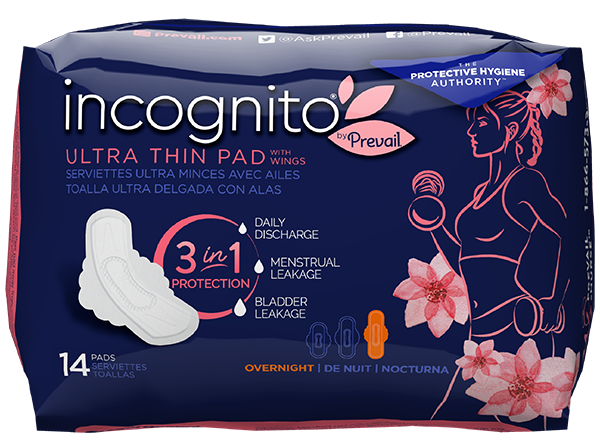 Incognito by Prevail, 3-IN-1 Feminine Pad, Overnight Ultra Thin Pad with Wings