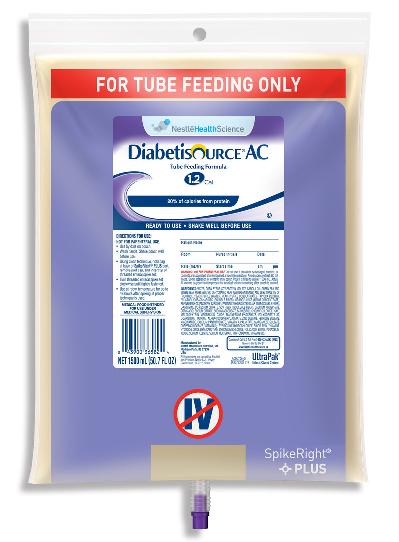 Diabetisource® AC Tube Feeding Formula, Unflavored, 50.7 oz. Bag Ready to Hang